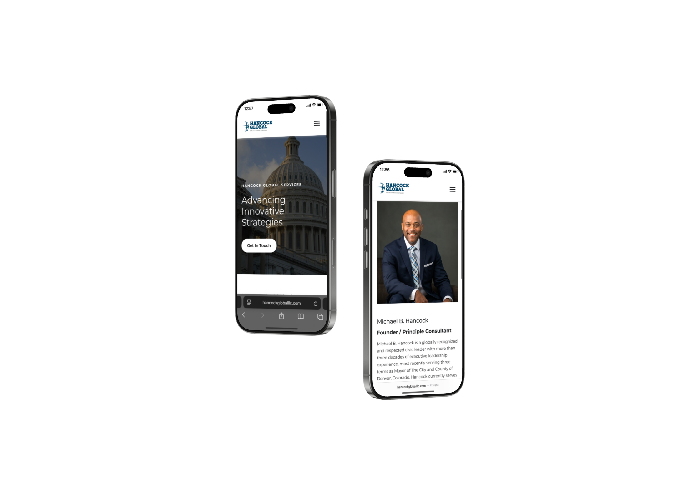 two iphones displaying the hancock global website