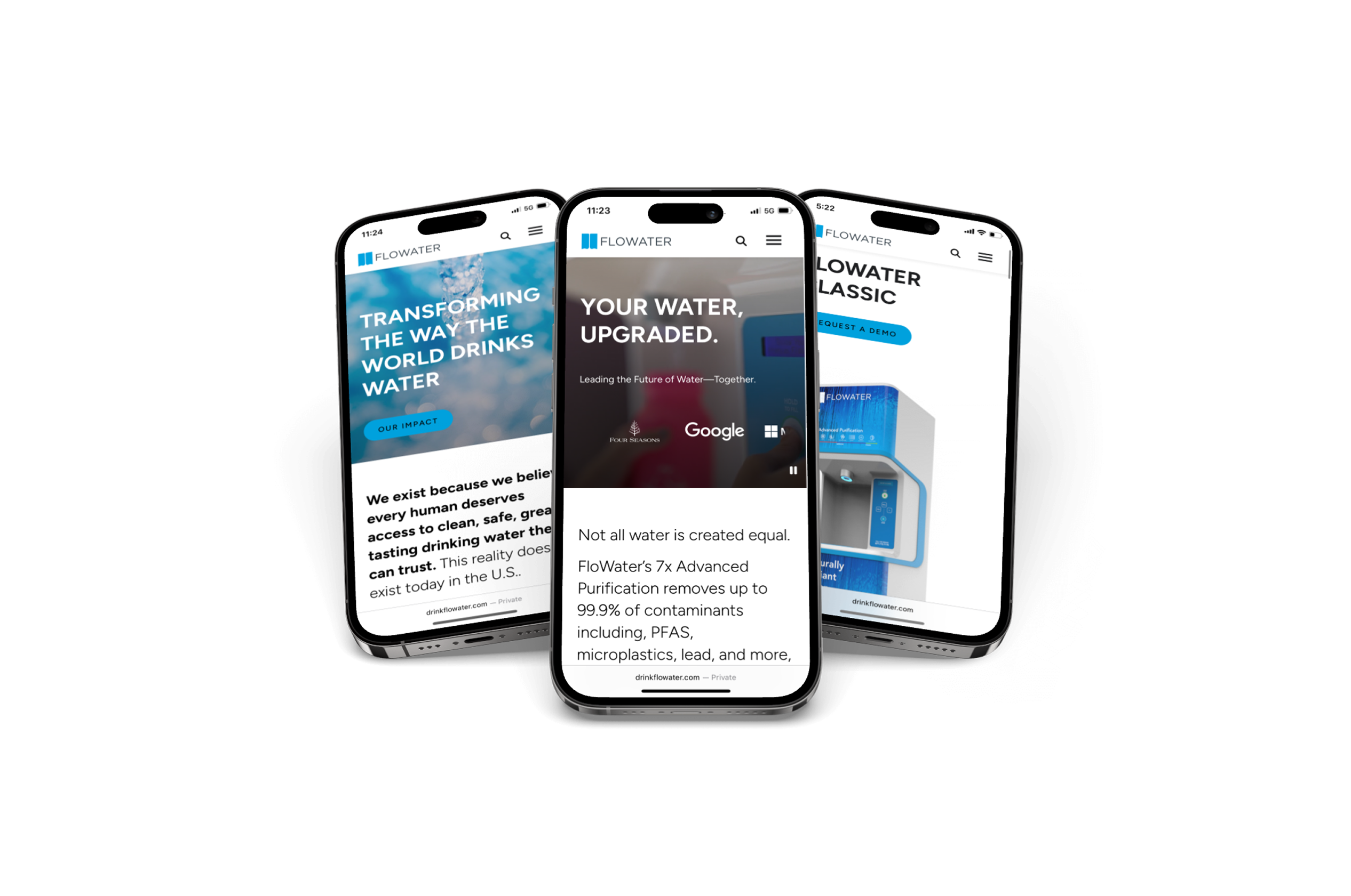 three iphones showing flowater website on mobile